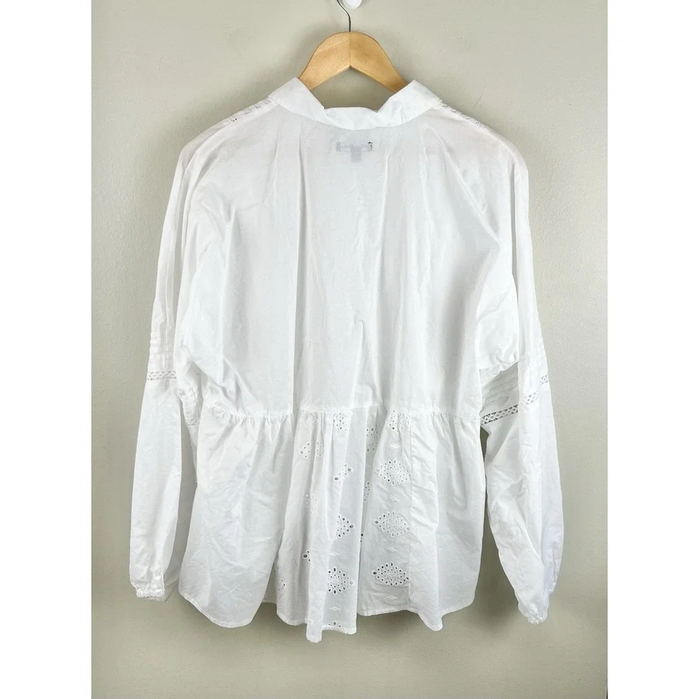 Flag & Anthem Long Sleeve Button Front Eyelet Crochet Lace Pintuck Top White XL - Picture 7 of 9